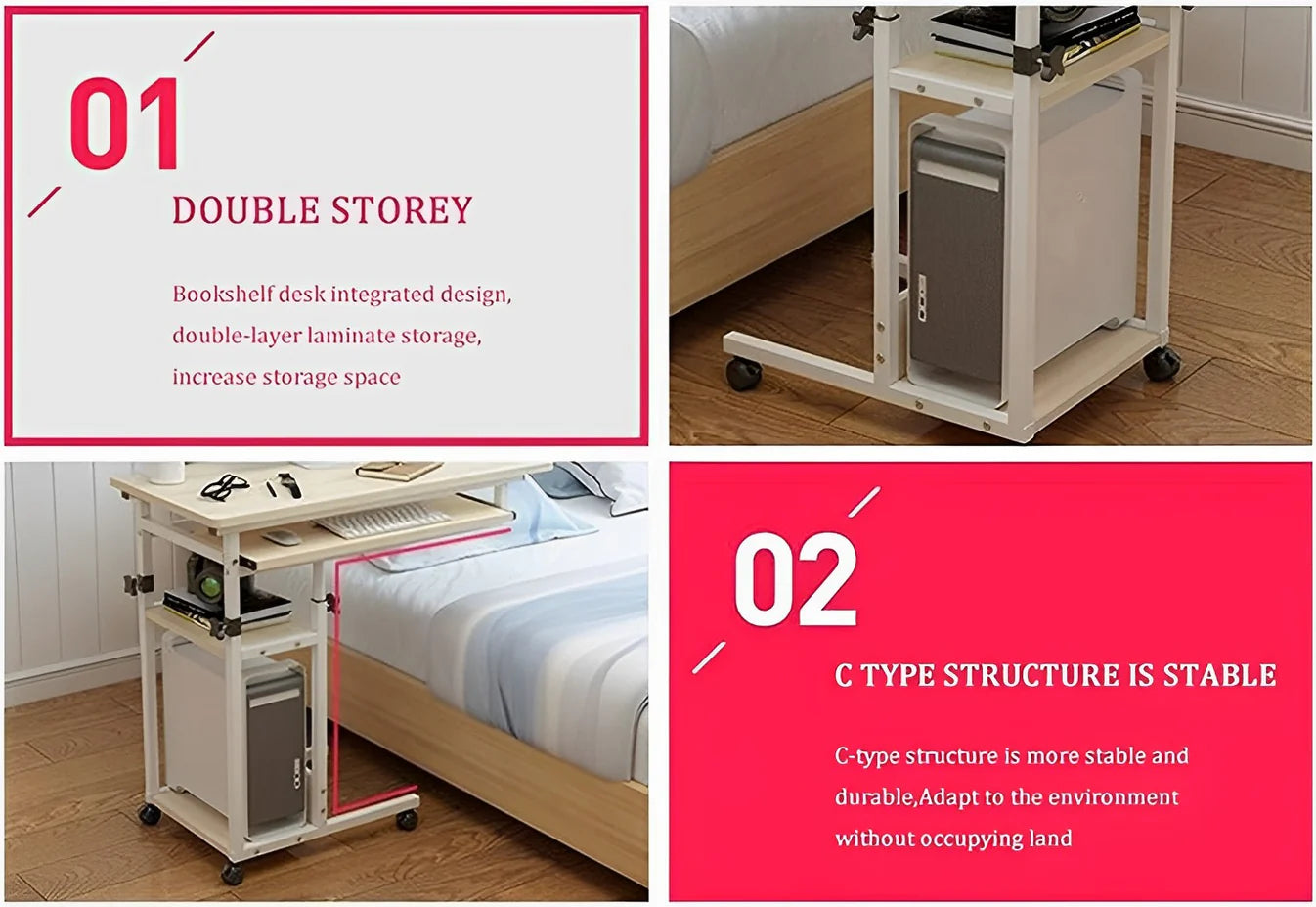 C-Shaped Snack Side Table with Wheels | Rolling Laptop Cart with Storage Shelves for Sofa, Bed & Living Room