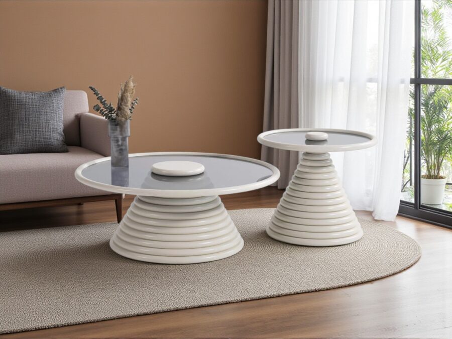 Cream Coffee Table Set – Tempered Glass & Painted Wood