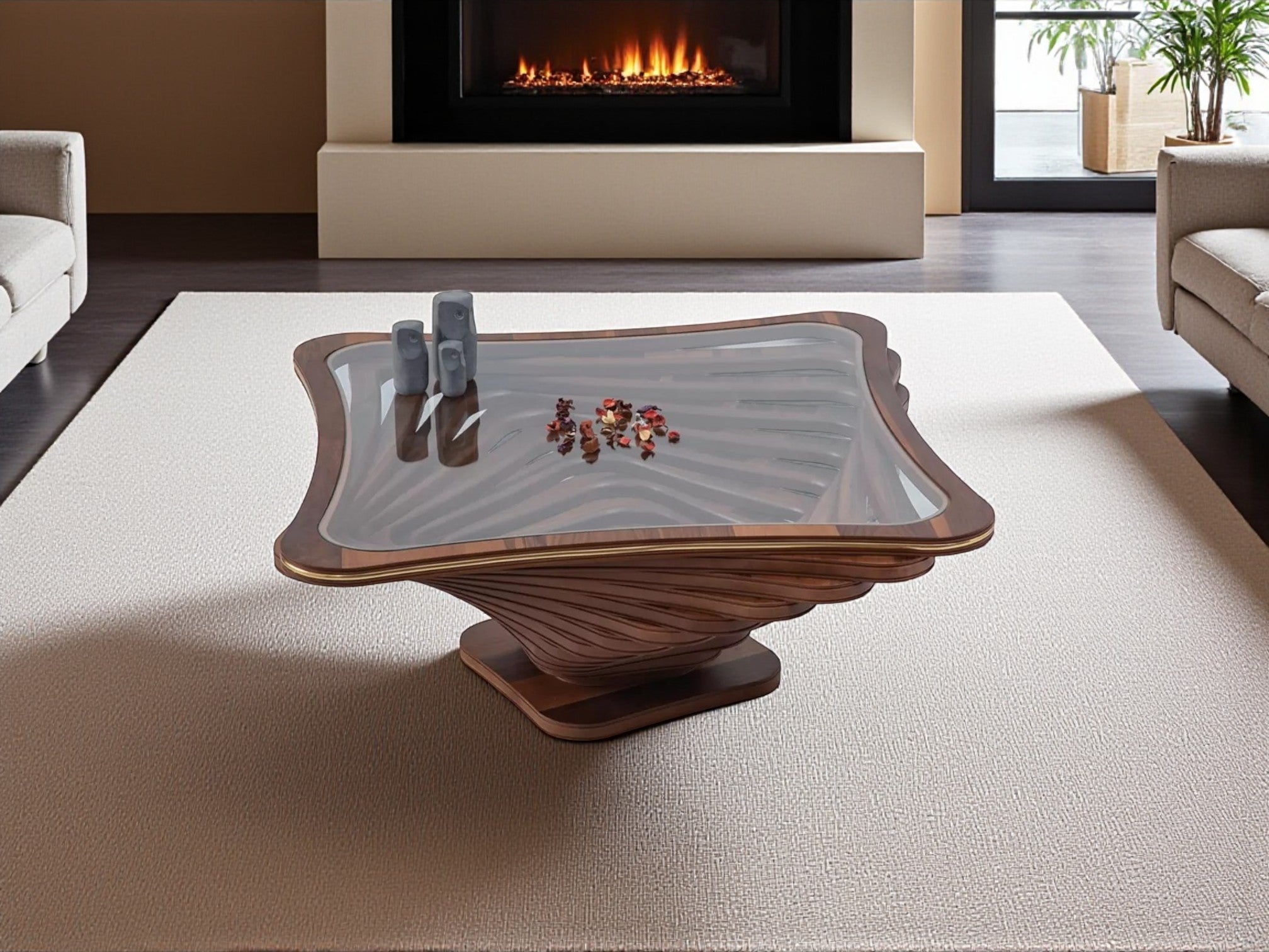 Coffee Table – Walnut Veneer with Tempered Glass (106 x 106 cm)