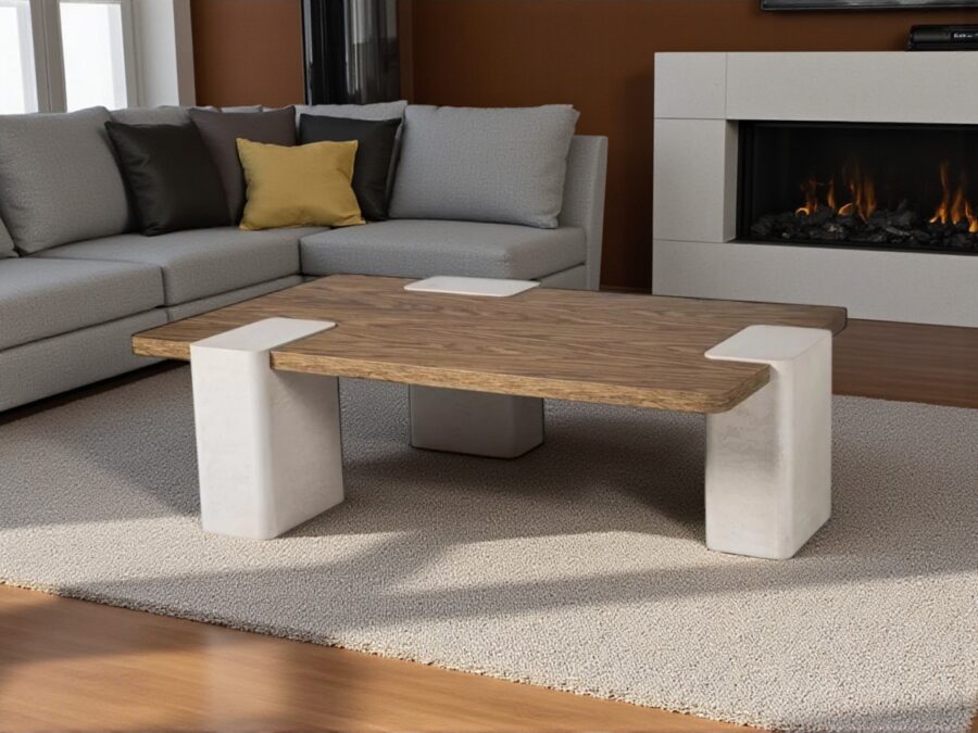 Travertine Coffee Table – Faux Travertine & Wood Veneer (144 x 88 cm)