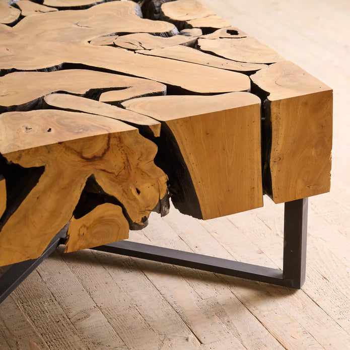 Wooden Coffee Table – Teak Root Patchwork Design